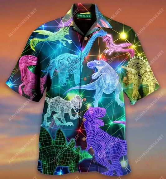Glowing T-Rex Unisex Short Hawaiian Shirt Summer Short Sleeve Custom Hawaiian Shirts Hawaiian Shirts For Women, Hawaiian Shirt Gift, Christmas Gift