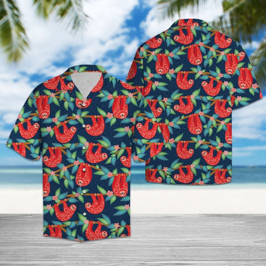 Happy Cartoon Red Sloth Climbing The Tree Pattern Hawaiian Shirt, Hawaiian Shirt Gift, Christmas Gift
