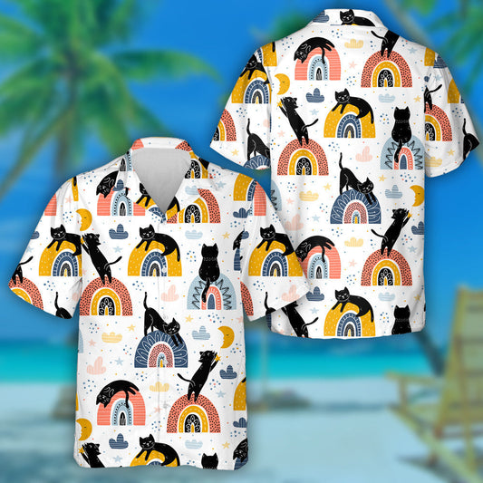 Black Cats And Rainbows Fantasy On White Background Hawaiian Shirt, Hawaiian Shirt Gift, Christmas Gift