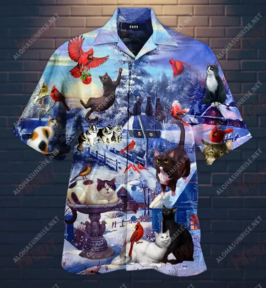 CCats Watching Cardinal Birds Short Hawaiian Shirt Summer Short Sleeve Tactical Hawaiian Shirt Hawaiian Shirt Pattern, Hawaiian Shirt Gift, Christmas Gift