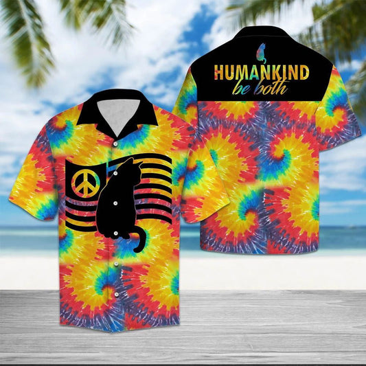 Black Cat Humankind Be Both Tie Dye Pattern Hawaiian Shirt, Hawaiian Shirt Gift, Christmas Gift
