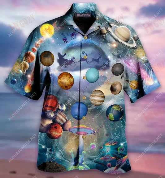 Solar System On Christmas Short Short Sleeve Shirt Ocean Hawaiian T Shirts Vintage Hawaiian Shirts Hawaiian Shirts For Women, Hawaiian Shirt Gift, Christmas Gift