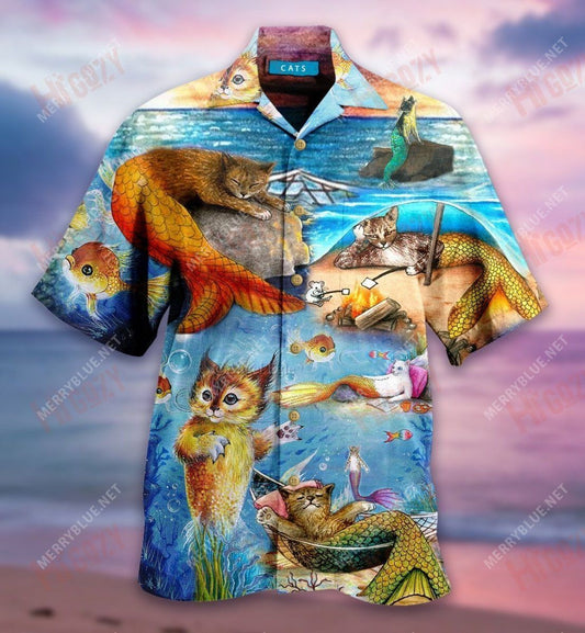 Mermaid Off Duty Cat Short Hawaiian Shirt Summer Hawaiian T Shirts Hawaiian Crazy Shirts Hawaiian Shirt Pattern, Hawaiian Shirt Gift, Christmas Gift