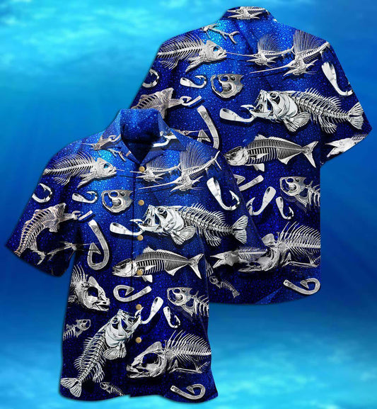 Fishing Fishbone Collection Under Deep Blue Ocean Design Hawaiian Shirt, Hawaiian Shirt Gift, Christmas Gift