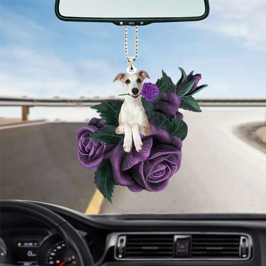 Whippet In Purple Rose Car Hanging Ornament, Dog Hanging Ornament For Car, Christmas Decoration