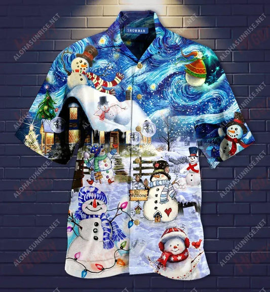 Snowman In Christmas Night Short Short Sleeve Shirt Hobbies Hawaiian T Shirts Custom Hawaiian Shirts Hawaiian Shirts For Men, Hawaiian Shirt Gift, Christmas Gift