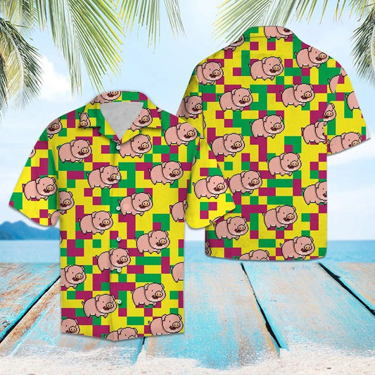 Lovely Pig With Hot Pink And Green Geometric Hawaiian Shirt, Hawaiian Shirt Gift, Christmas Gift