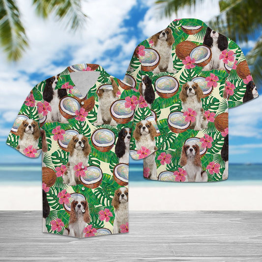 Cavalier King Charles Spaniel Tropical Coconut And Leaves Hawaiian Shirt, Hawaiian Shirt Gift, Christmas Gift