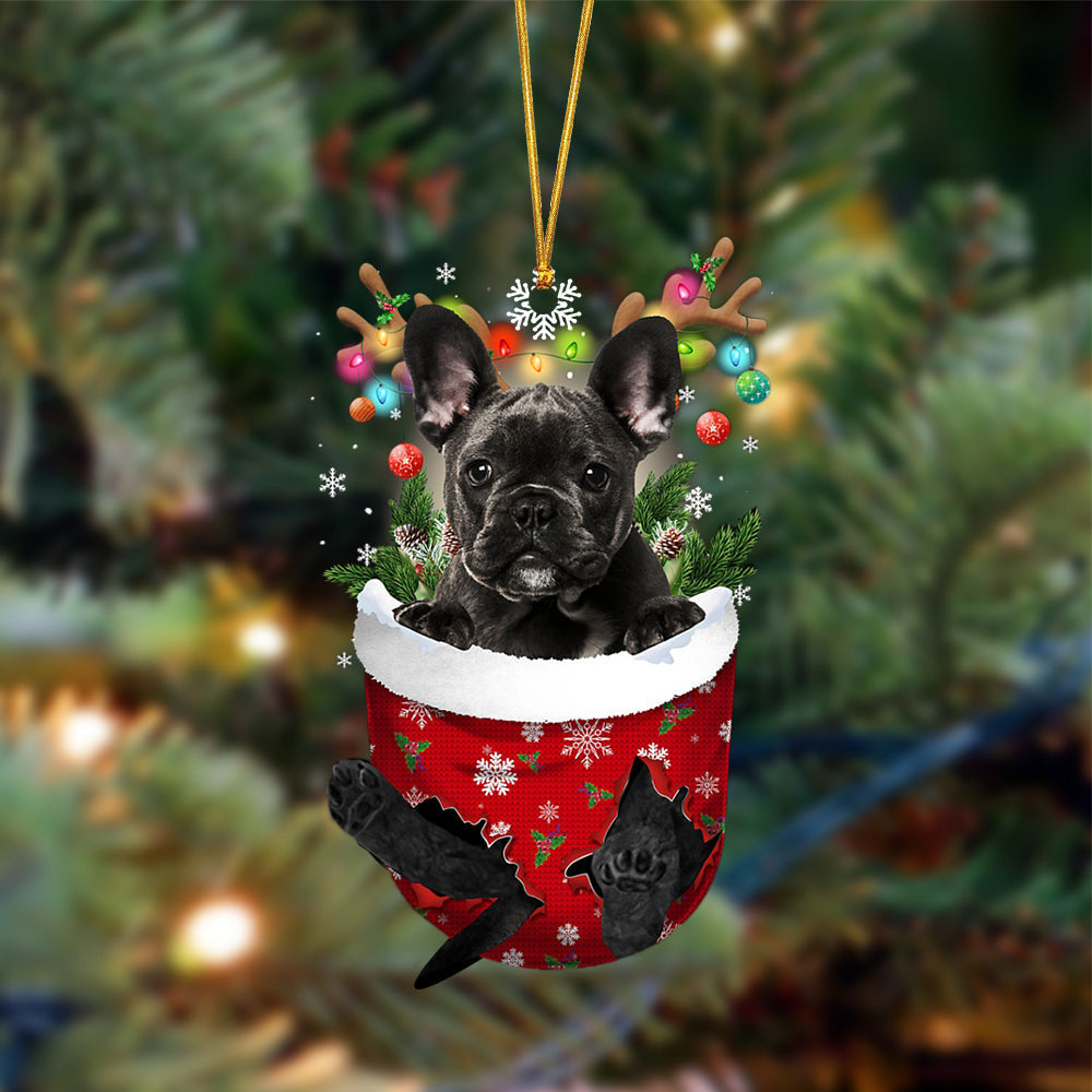 BLACK French Bulldog-In Christmas Pocket Two Sides Christmas Plastic Hanging Ornament, Christmas Ornament Gift, Christmas Gift, Christmas Decoration