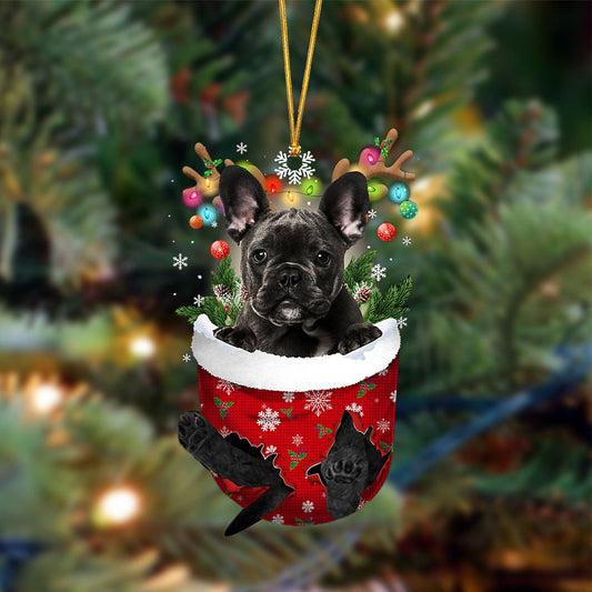 BLACK French Bulldog-In Christmas Pocket Two Sides Christmas Plastic Hanging Ornament, Christmas Ornament Gift, Christmas Gift, Christmas Decoration