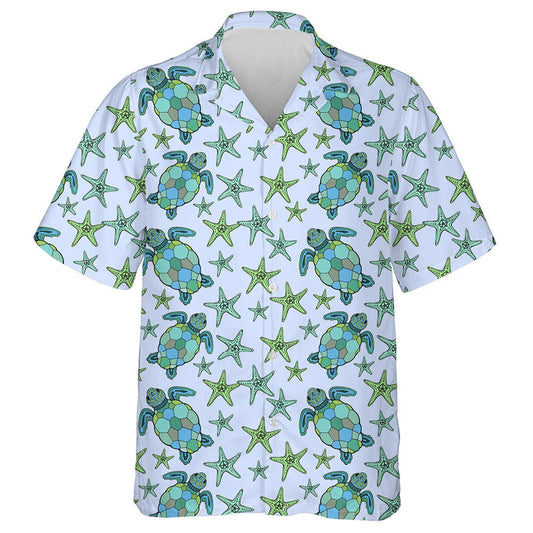 Blue Sea Turtle And Green Starfish Hawaiian Shirt, Hawaiian For Gift