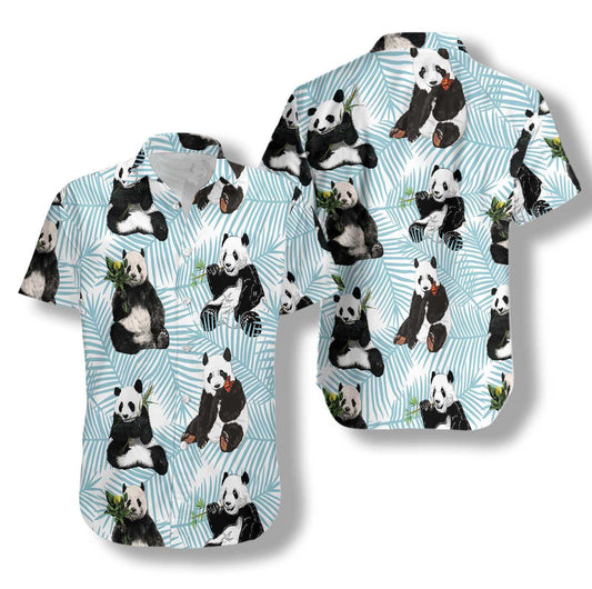 Light Sky Blue Design Hawaiian Shirt Panda On Palm Leaves, Hawaiian Shirt Gift, Christmas Gift