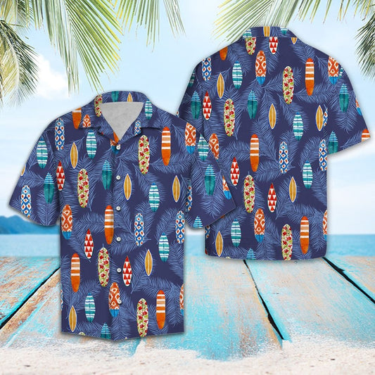 Tropical Surfboard Summer Beach Palm Tree Leaves Pattern Hawaiian Shirt, Hawaiian Shirt Gift, Christmas Gift