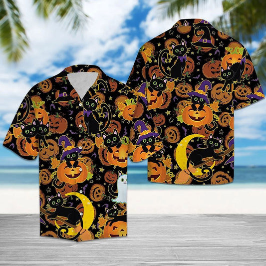 Cute Witch Black Cat Halloween Pumpkin Pattern Hawaiian Shirt, Hawaiian Shirt Gift, Christmas Gift
