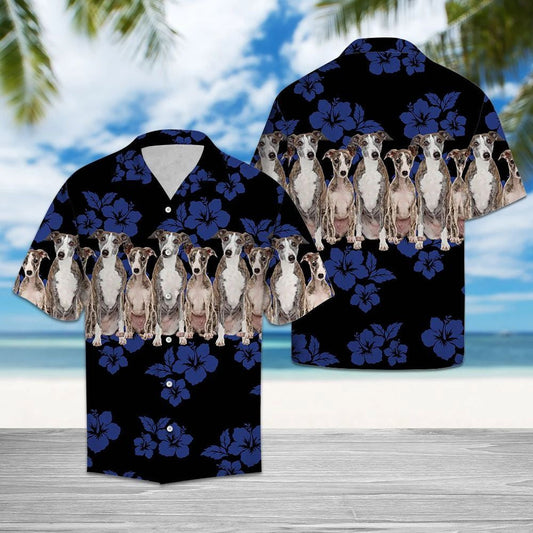 Pretty Whippet Dogs With Blue Hibiscus In Black Hawaiian Shirt, Hawaiian Shirt Gift, Christmas Gift