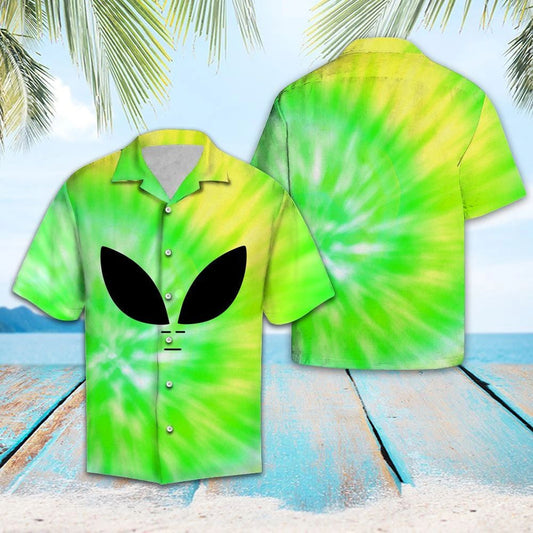 Awesome Alien Green And Yellow Tye Die Themed Hawaiian Shirt, Hawaiian Shirt Gift, Christmas Gift