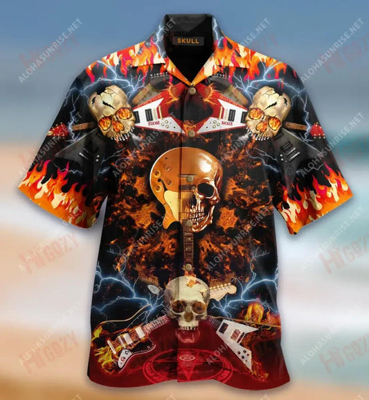Skull Rock N Roll Hawaiian Shirt Summer Short Sleeve Tactical Hawaiian Shirt Funny Hawaiian Shirts, Hawaiian Shirt Gift, Christmas Gift