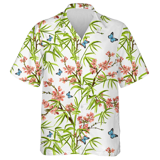 Hand Drawn Bamboo Sakura And Butterflies Hawaiian Shirt, Hawaiian For Gift