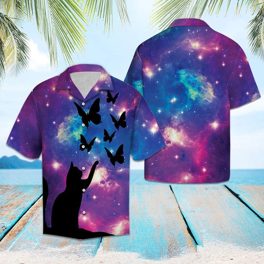 Hawaiian Shirt Impressive Purple Galaxy Cat Playing With Butterflies, Hawaiian Shirt Gift, Christmas Gift