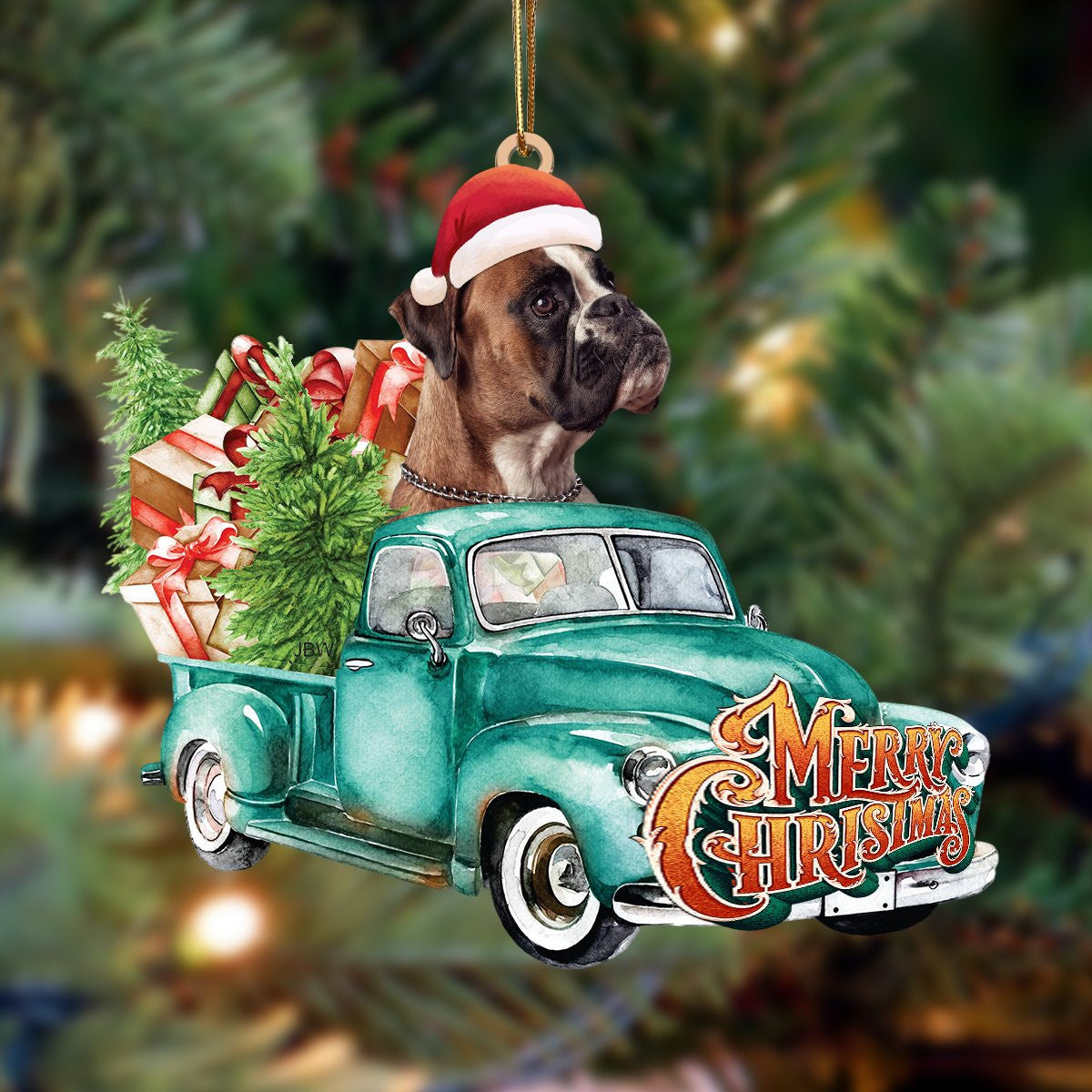 boxer-Green Truck Hanging Christmas Plastic Hanging Ornament, Christmas Ornament Gift, Christmas Gift, Christmas Decoration