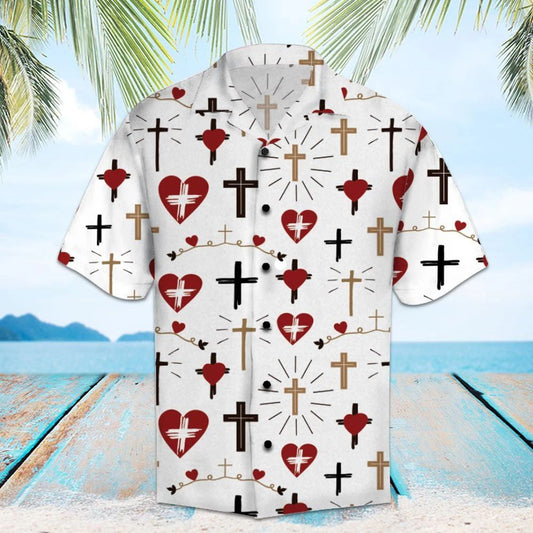 Amazing Christian Cross And Heart On White Design Themed Hawaiian Shirt, Hawaiian Shirt Gift, Christmas Gift