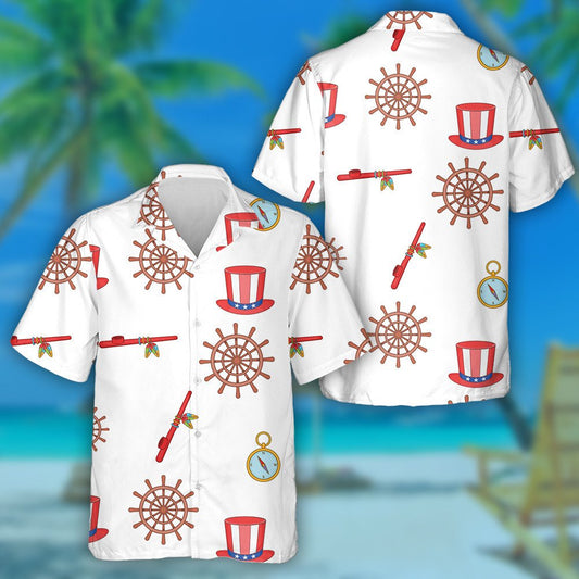 Cartoon Illustration Of Columbus Day With Compass And Hat Hawaiian Shirt, Hawaiian Shirt Gift, Christmas Gift
