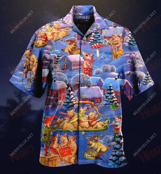 Christmas Pigs Unisex Short Hawaiian Shirt Summer Short Sleeve Vintage Hawaiian Shirts Hawaiian Shirts For Men, Hawaiian Shirt Gift, Christmas Gift