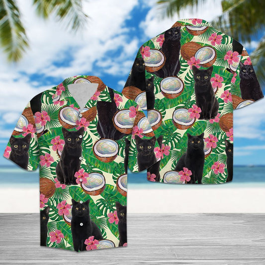 Black Cat Tropical Coconut Monstera Leaves Pattern Hawaiian Shirt, Hawaiian Shirt Gift, Christmas Gift