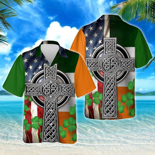 Green Clover The Irish Celtic Cross Design Hawaiian Shirt, Hawaiian Shirt Gift, Christmas Gift