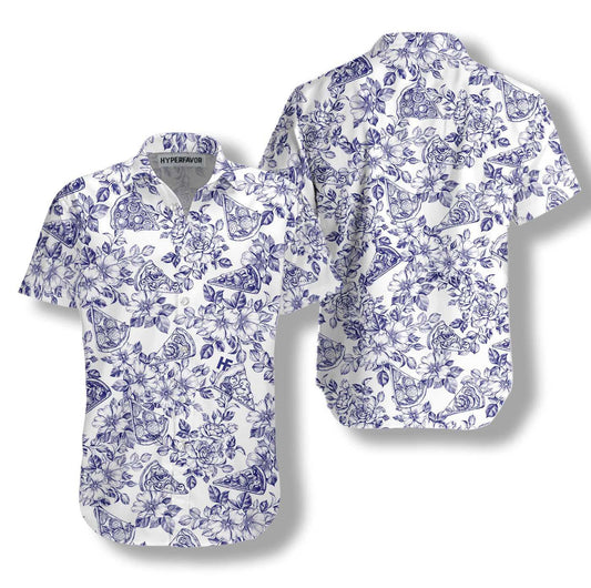 Excellent Blue Floral Pizza Design Hawaiian Shirt,Hawaiian Shirt Gift, Christmas Gift