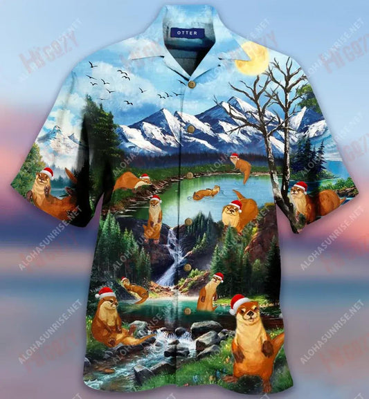 Merry Christmas From Otter Side Short Hawaiian Shirt Summer Hawaiian T Shirts Tactical Hawaiian Shirt Hawaiian Shirt Pattern, Hawaiian Shirt Gift, Christmas Gift