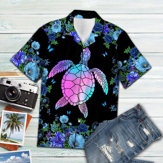 Holographic Blue Flower With Sea Turtle Pattern Hawaiian Shirt, Hawaiian Shirt Gift, Christmas Gift