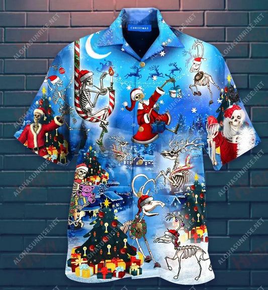 Happy Christmas With Skeleton Short Hawaiian Shirt Vacation Hawaiian T Shirts Best Hawaiian Shirts Hawaiian Shirts For Women, Hawaiian Shirt Gift, Christmas Gift