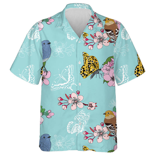 Hand Drawn Cherry Blossom And Butterflies Hawaiian Shirt, Hawaiian For Gift
