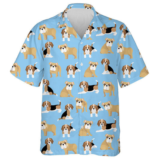 Bulldog And Beagle On Blue Background Hawaiian Shirt, Hawaiian For Gift