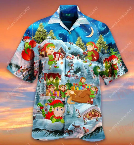 Elves On The Tree Christmas Short Hawaiian Shirt Vacation Aloha Shirt Best Hawaiian Shirts Funny Hawaiian Shirts, Hawaiian Shirt Gift, Christmas Gift