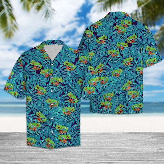 Green Frog Tropical Palm Leaves Summer Vacation Themed Hawaiian Shirt, Hawaiian Shirt Gift, Christmas Gift