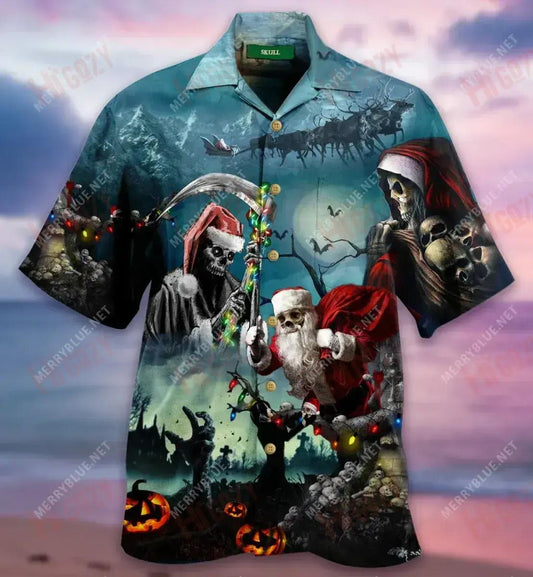 Chistmas Santa Claus Skull Short Short Sleeve Shirt Summer Hawaiian T Shirts Tactical Hawaiian Shirt Hawaiian Shirt Pattern, Hawaiian Shirt Gift, Christmas Gift