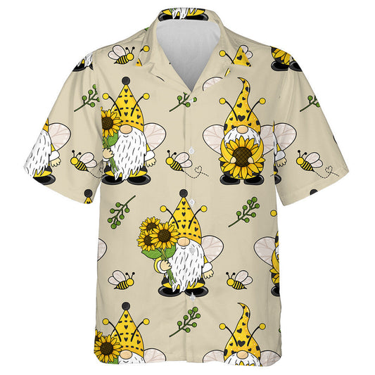 Cartoon Doodle Gnomes Bees And Sunflowers Hawaiian Shirt, Hawaiian For Gift