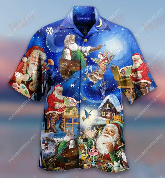 Santa Is Painting Xmas Short Hawaiian Shirt Vacation Hawaiian T Shirts Tropical Shirts For Men Funny Hawaiian Shirts, Hawaiian Shirt Gift, Christmas Gift