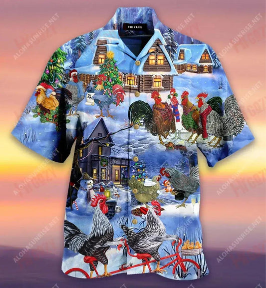 Chickens Merry Christmas Short Hawaiian Shirt Vacation Tropical Shirts Best Hawaiian Shirts Funny Hawaiian Shirts, Hawaiian Shirt Gift, Christmas Gift