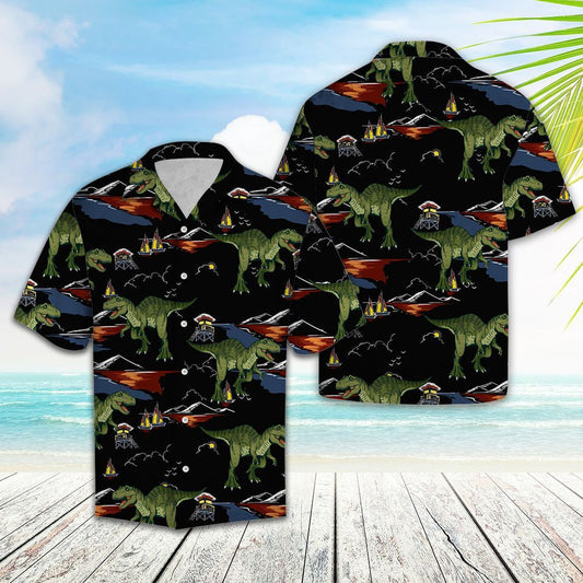Dino T-rex On Vacation Black Background Pattern Hawaiian Shirt, Hawaiian Shirt Gift, Christmas Gift
