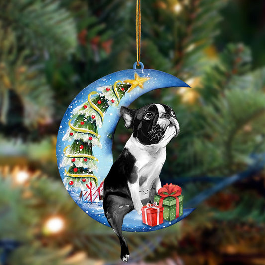 Boston Terrier Sit On The Blue Moon-Two Sided Christmas Plastic Hanging Ornament, Christmas Ornament Gift, Christmas Gift, Christmas Decoration