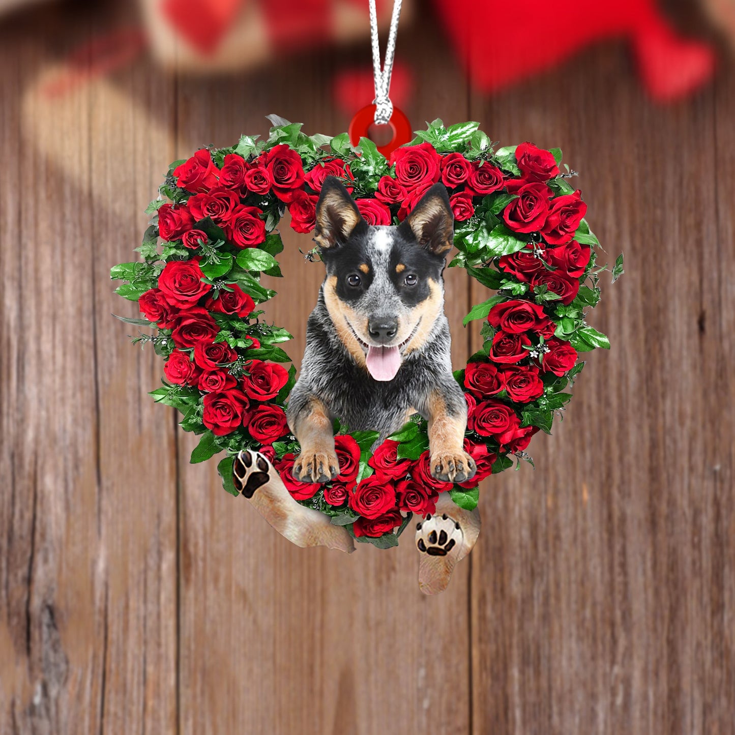Blue Heeler 3-Heart Wreath Two Sides Christmas Plastic Hanging Ornament, Christmas Ornament Gift, Christmas Gift, Christmas Decoration