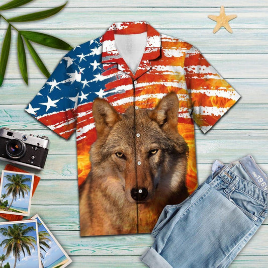 Awesome Wild Wolf Portrait On Usa Flag Pattern Hawaiian Shirt, Hawaiian Shirt Gift, Christmas Gift