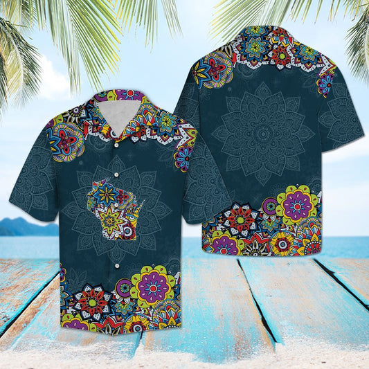 Blue Background Wisconsin Mandala Flower Patchwork Pattern Hawaiian Shirt, Hawaiian Shirt Gift, Christmas Gift