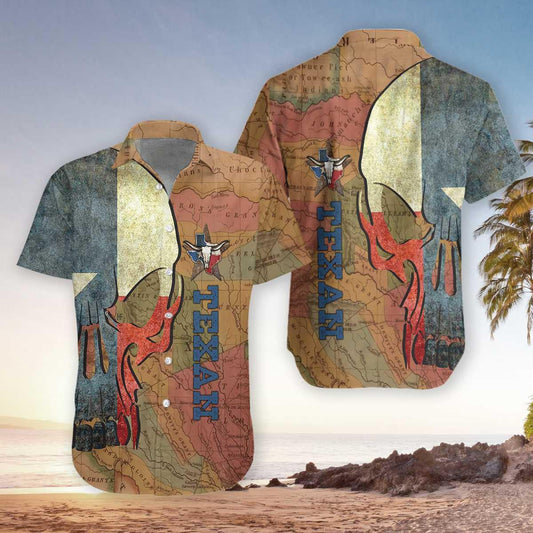 Texan And Skull Map And Flag Pattern Design Hawaiian Shirt, Hawaiian Shirt Gift, Christmas Gift