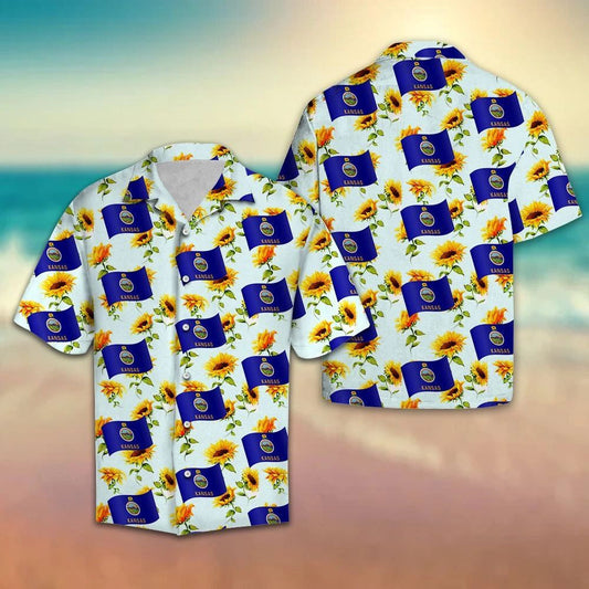 Awesome Flag Of Kansas On Sunflower Design Themed Hawaiian Shirt, Hawaiian Shirt Gift, Christmas Gift