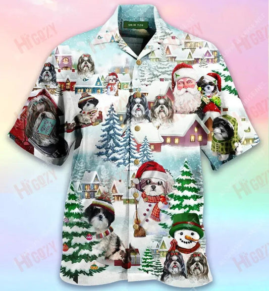 We Shih Tzu A Merry Christmas Unisex Hawaiian Shirt Hobbies Short Sleeve Custom Hawaiian Shirts Hawaiian Shirts For Women, Hawaiian Shirt Gift, Christmas Gift
