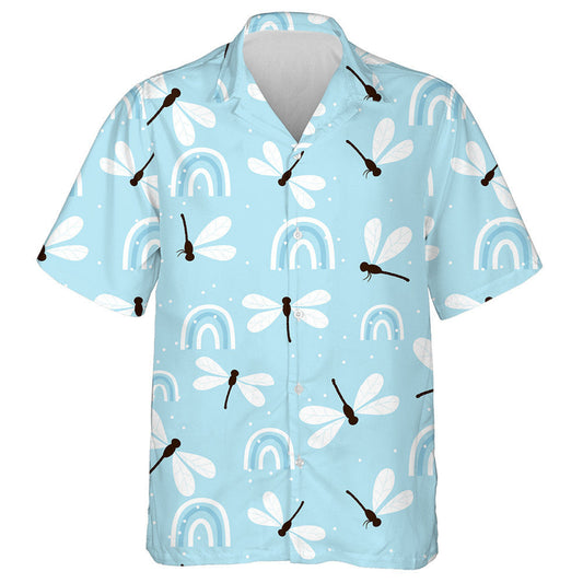 Bright Blue Flying Dragonfly And Rainbows Hawaiian Shirt, Hawaiian For Gift